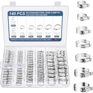 140 Pcs Hose Clamp Assortment Kit 304 Stainless Steel Hose Clamp 1/4''–1-1/2''(6-38mm) Worm Gear Clamps for Securing Pipe Hoses, Automotive, Fuel Line