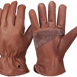 Retro Brown Cowhide Leather Work Gloves for Construction, Yardwork, Gardening with Reinforced Palm for Men & Women