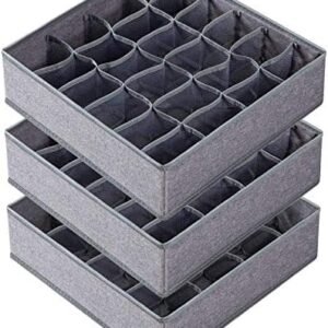 Criusia 3 Pack Sock Underwear Organizer Dividers, 64 Cell Fabric Foldable Cabinet Closet Organizers and Storage Boxes for Storing Socks, Underwear, Ties (16+24+24 Cell, Gray)